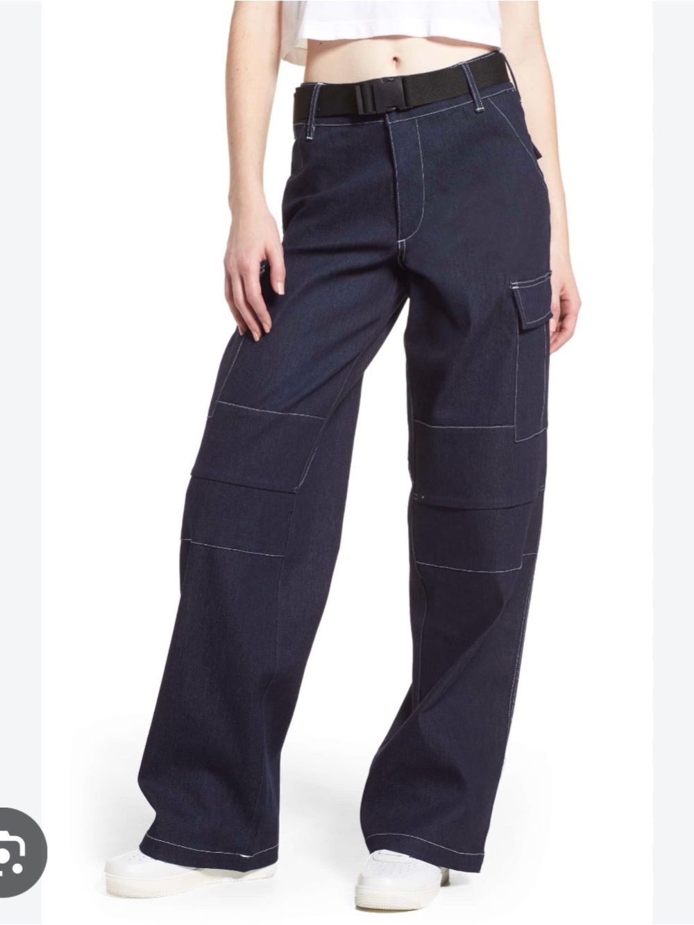 I.AM.GIA Dark Wash Wide Leg Cargo Jeans With Pockets White Stitching Size XS